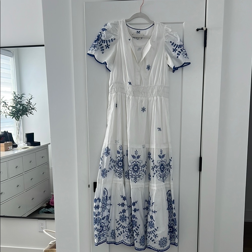 Anthropologie Somerset White and Blue Puff Sleeve Maxi Dress